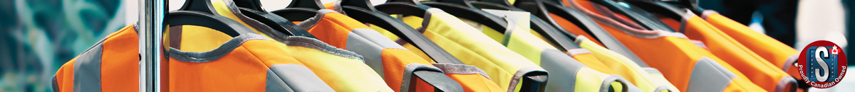High-visibility safety vests in orange and yellow hanging on a rack, representing Skookum Tools' reflective clothing and workwear category.